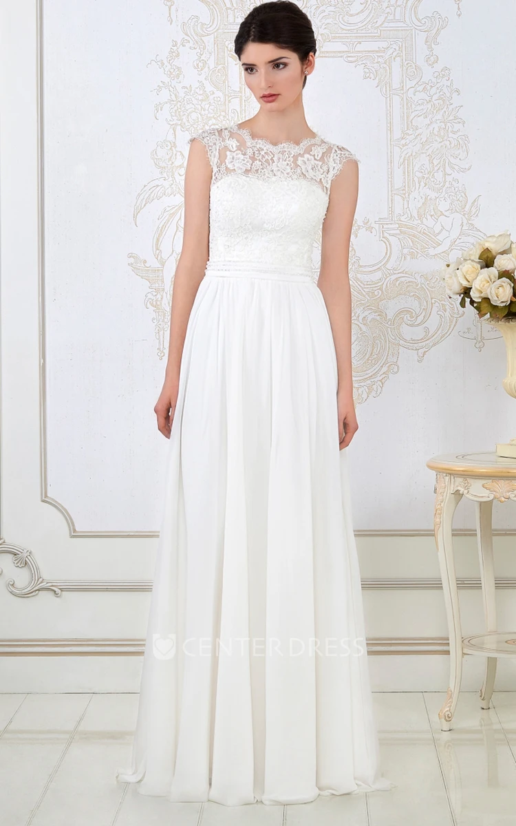 A-Line Sleeveless Long Scoop-Neck Appliqued Wedding Dress With Pleats