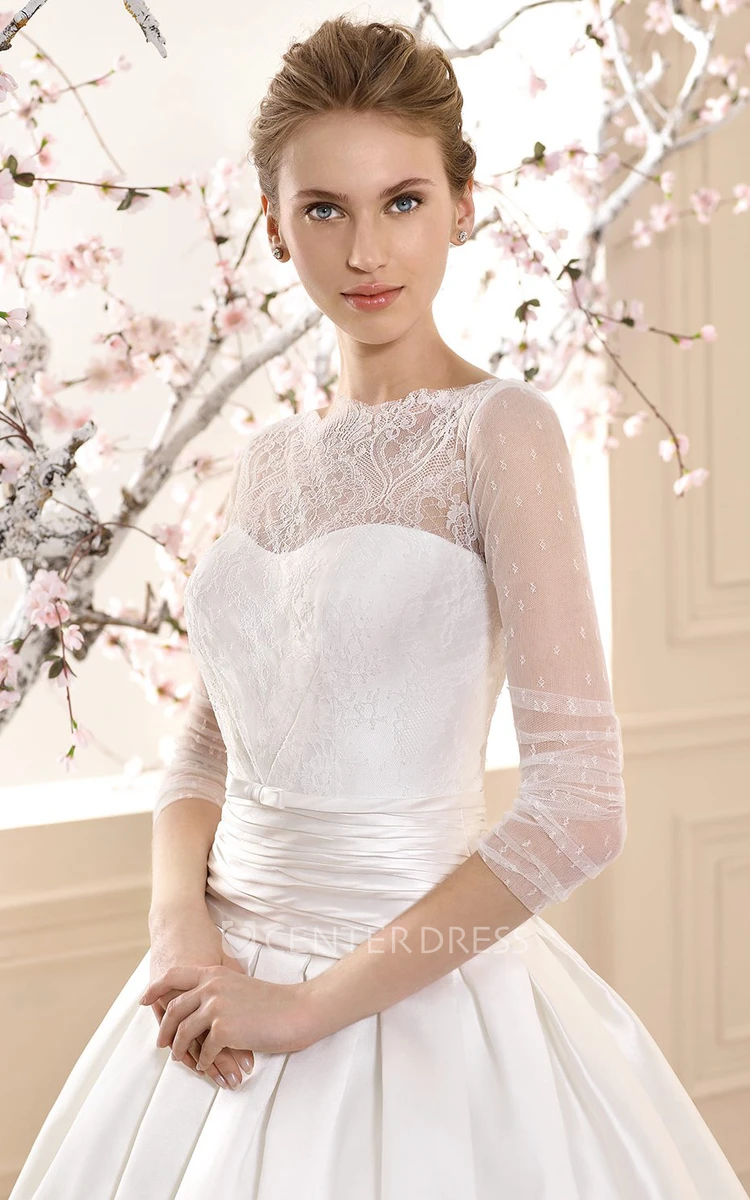 Long 3-4-Sleeve Lace High-Neck Satin Wedding Dress