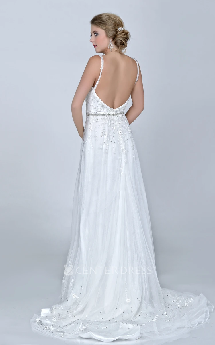 Backless V-Neck Sleeveless Tulle And Lace Wedding Dress With Beadings