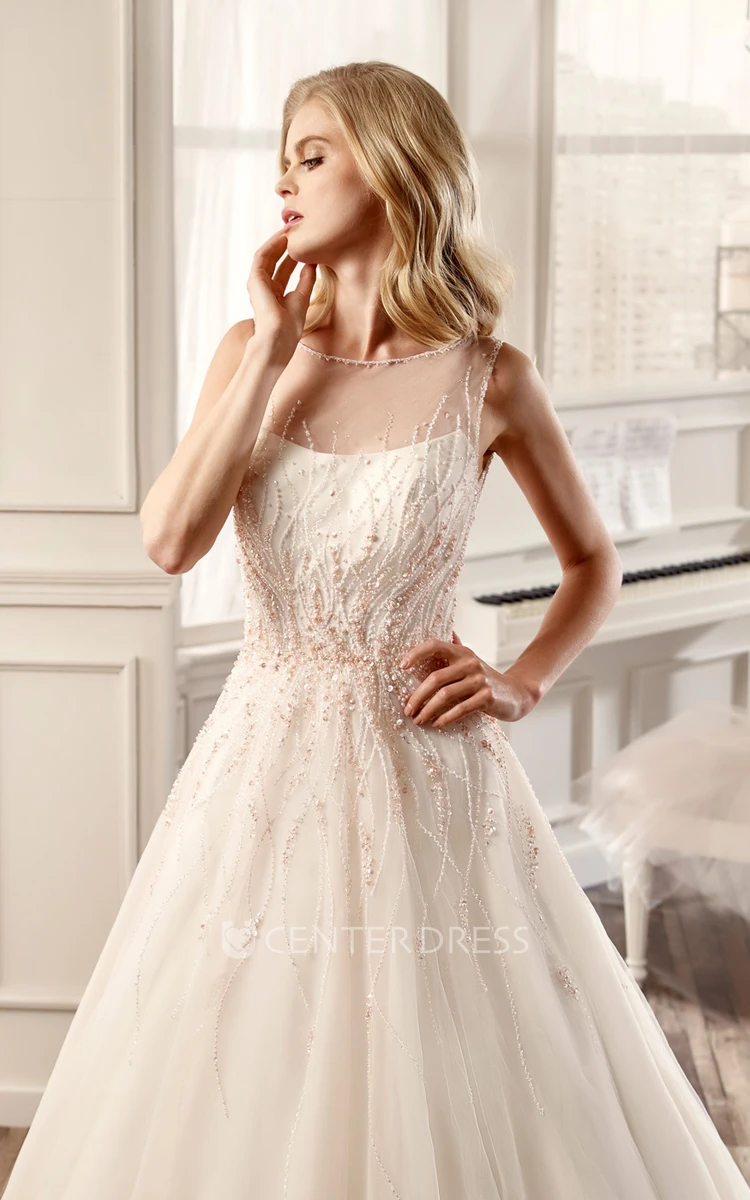 Cap-Sleeve A-Line Wedding Dress With Illusive Neckline And Back