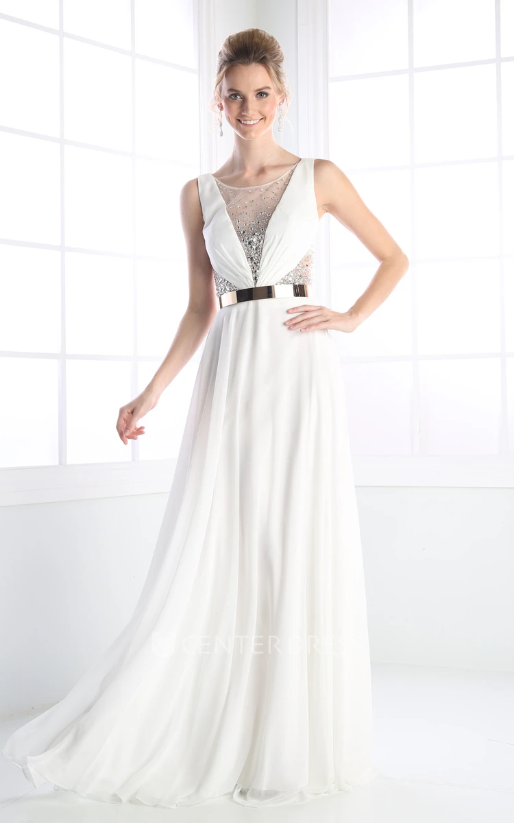 A-Line Scoop-Neck Sleeveless Chiffon Low-V Back Dress With Beading And Pleats