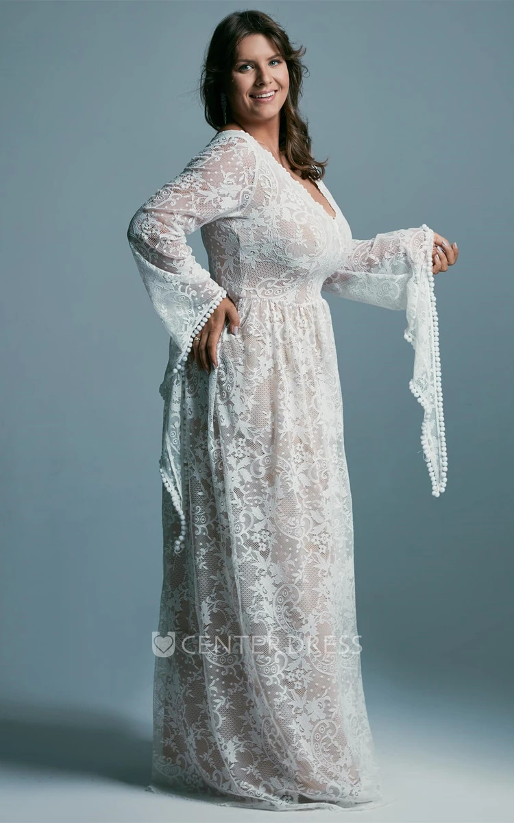 A Line Bohemian Lace Plus Size Bridal Dress with Appliques 