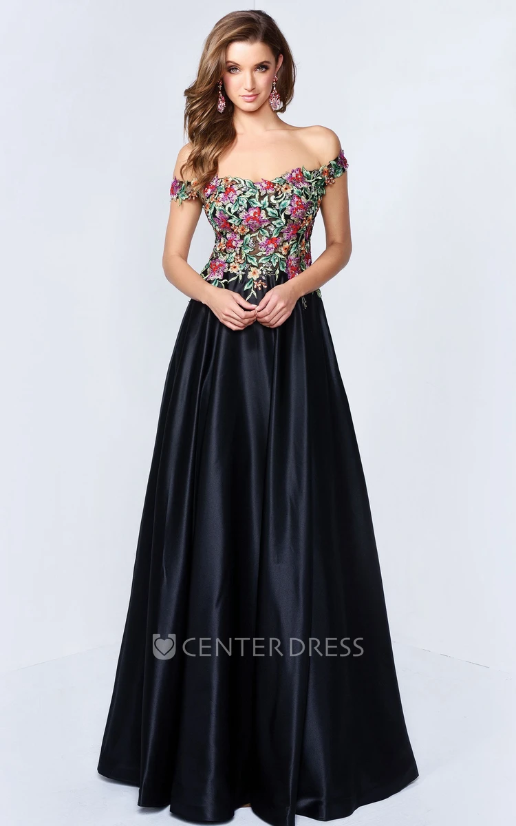 A-Line Off-The-Shoulder Satin Keyhole Dress With Beading And Embroidery