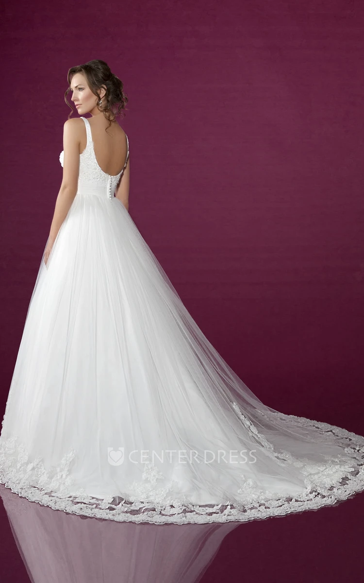 Long Straps Appliqued Tulle Wedding Dress With Chapel Train And V Back