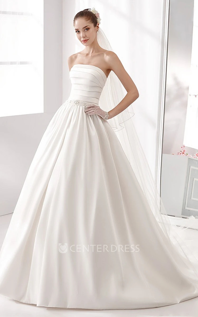 Strapless Pleating A-Line Satin Gown With Pearl Belt And Brush