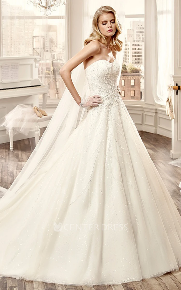 Strapless Beaded A-Line Long Wedding Dress With Brush Train