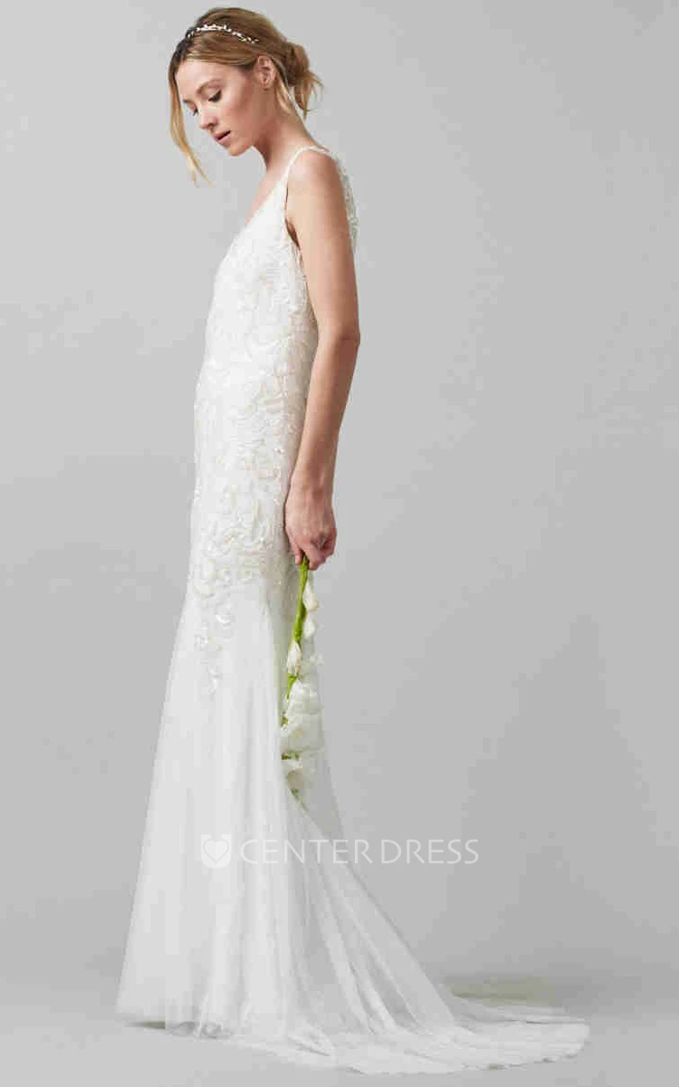 Sheath V-Neck Sleeveless Tulle Wedding Dress