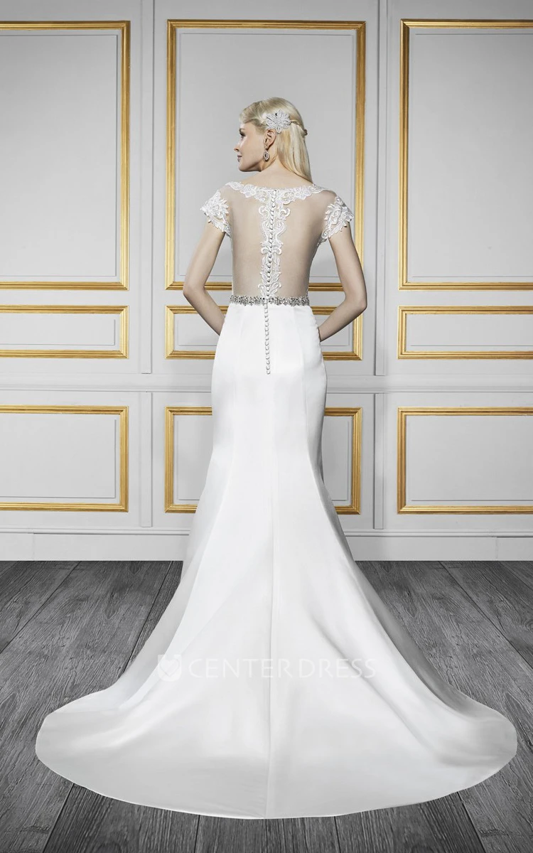 Trumpet Floor-Length Bateau-Neck Cap-Sleeve Jeweled Satin Wedding Dress With Appliques And Illusion