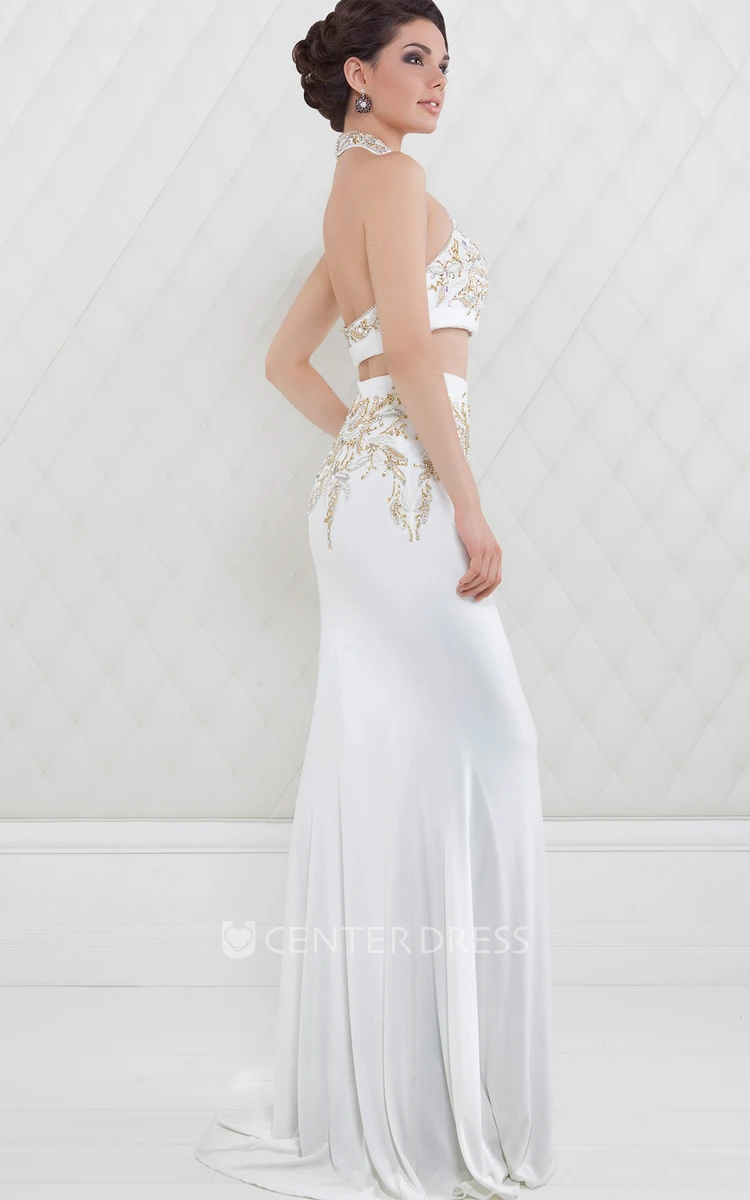 Sheath Floor-Length Beaded Sleeveless High-Neck Chiffon Satin Prom Dress