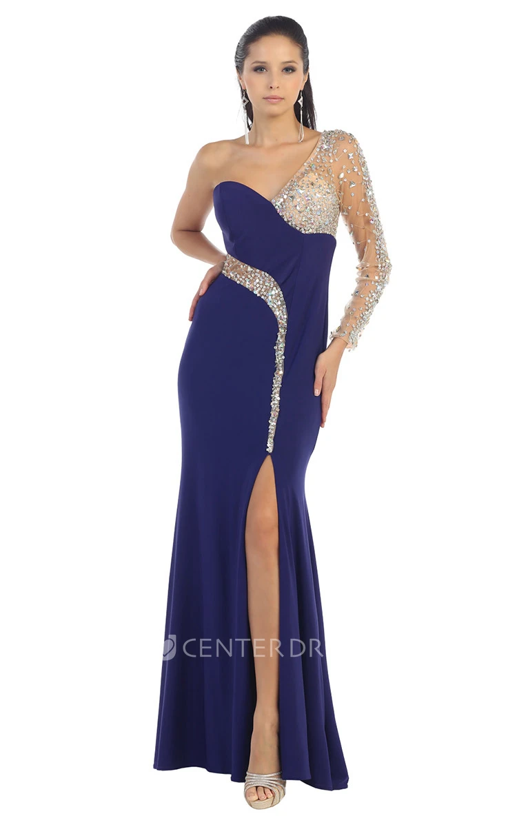 Sheath One-Shoulder Illusion Long Sleeve Jersey Dress With Split Front And Beading