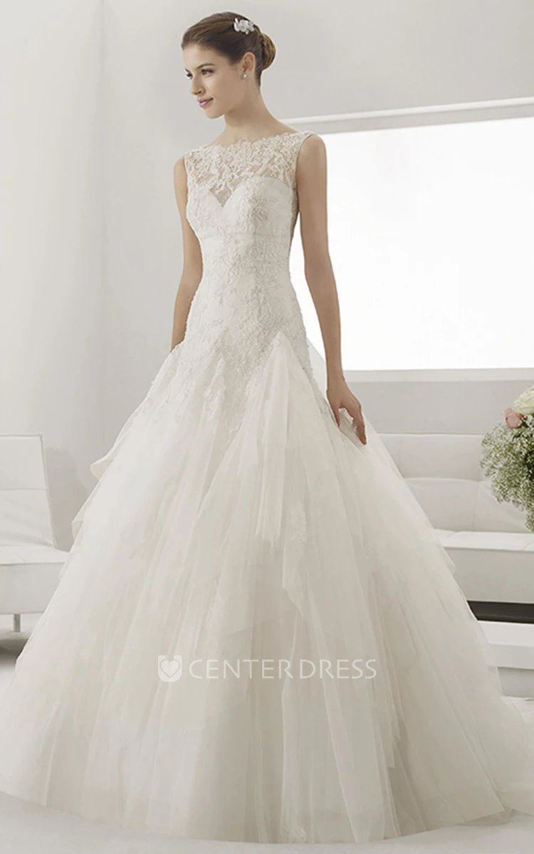 Lace Top Bateau Neck Drop Waist Bridal Gown With Layered Tulle Skirt