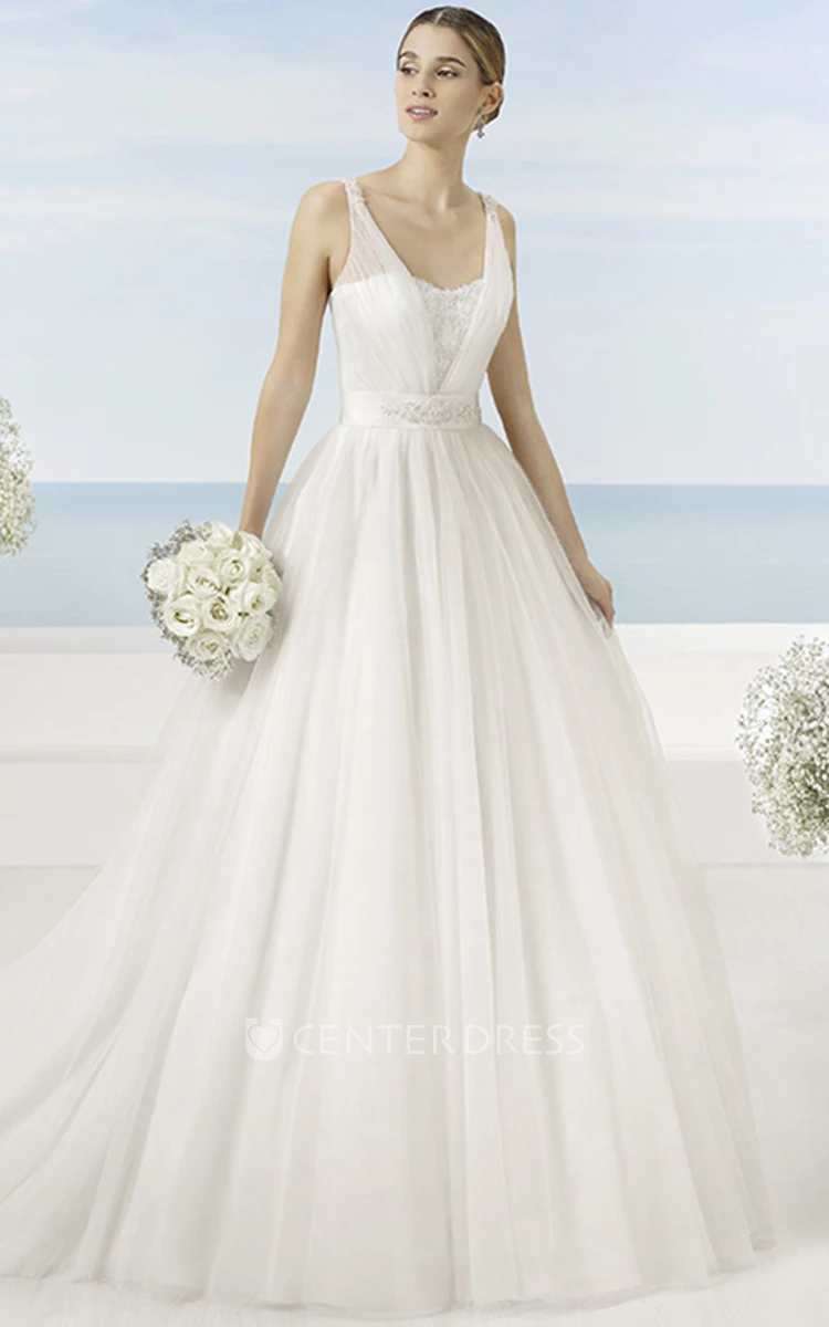 A-Line Beaded Sleeveless Long V-Neck Tulle Wedding Dress With Bow And Low-V Back