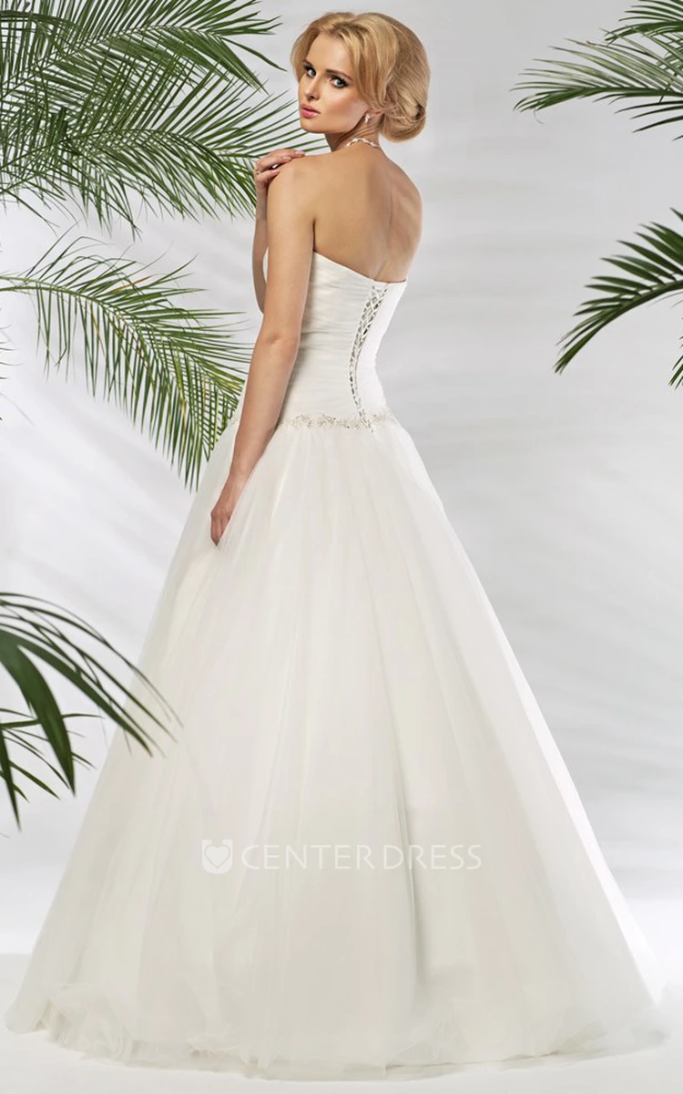 A-Line Floor-Length Sweetheart Sleeveless Criss-Cross Tulle Wedding Dress With Waist Jewellery