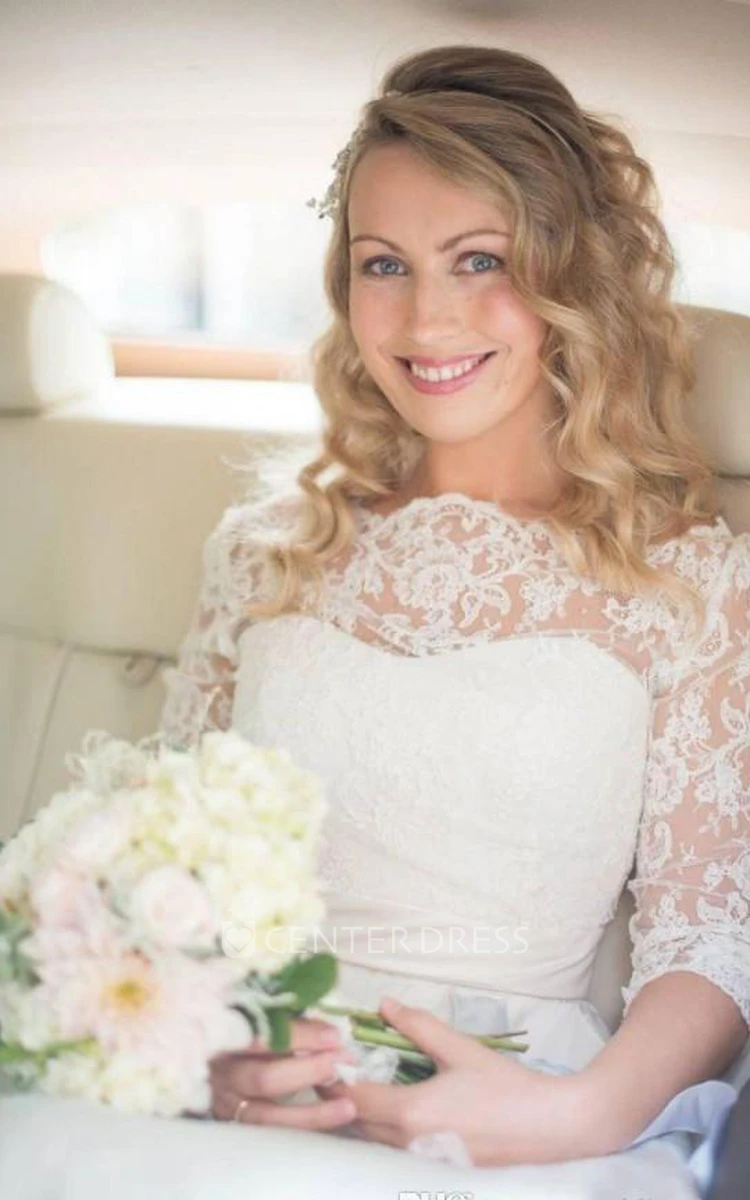 A Line Bateau Chiffon Lace Button Zipper Wedding Gown