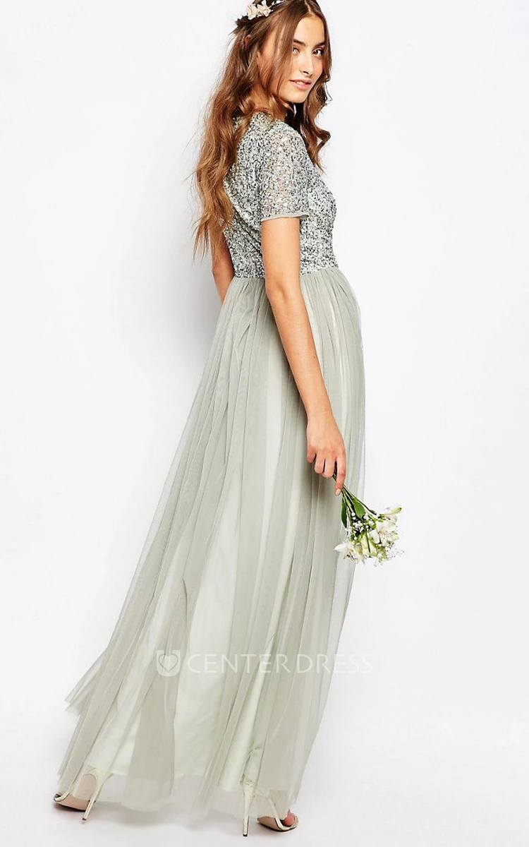 A-Line V-Neck Floor-Length Beaded Short-Sleeve Chiffon Bridesmaid Dress With Pleats