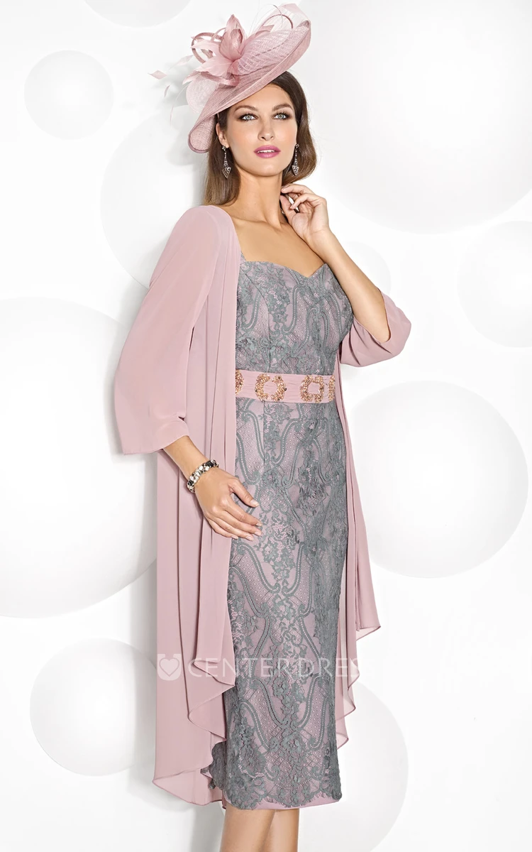 Tea-Length Appliqued 3-4 Sleeve Scoop Neck Chiffon Mother Of The Bride Dress