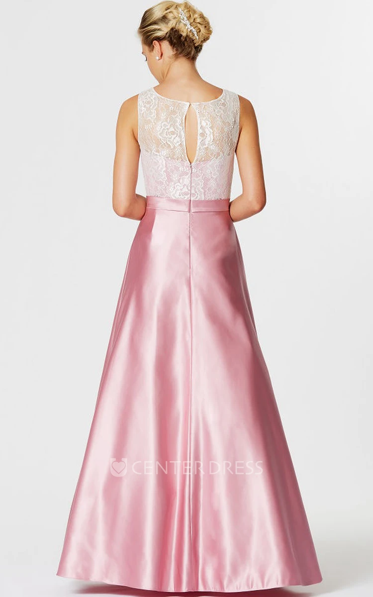 A-Line Lace Sleeveless Scoop Neck Satin Bridesmaid Dress With Illusion Back