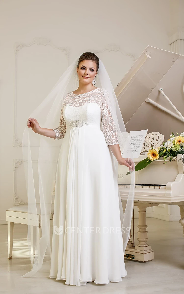 A-Line Long Jewel-Neck Illusion-Sleeve Empire Corset-Back Chiffon Dress With Beading And Pleatings