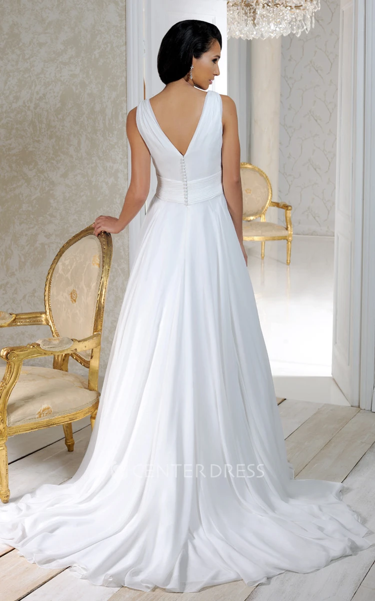 V-Neck Long Empire Pleated Chiffon Wedding Dress With Court Train And V Back