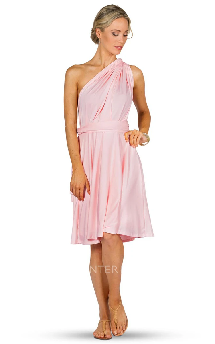 Sleeveless Knee-Length One-Shoulder Chiffon Convertible Bridesmaid Dress With Straps