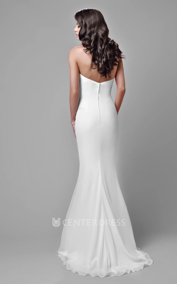 Column Sweetheart Chiffon Wedding Dress With Ruched Bodice And Asymmetrical Waistline