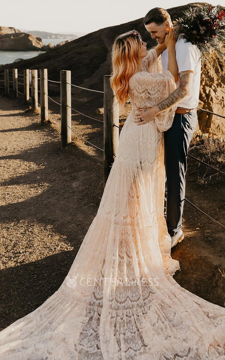 Romantic Lace Wedding Dress A-Line V-neck Illusion Back Long Sleeves Garden Sexy