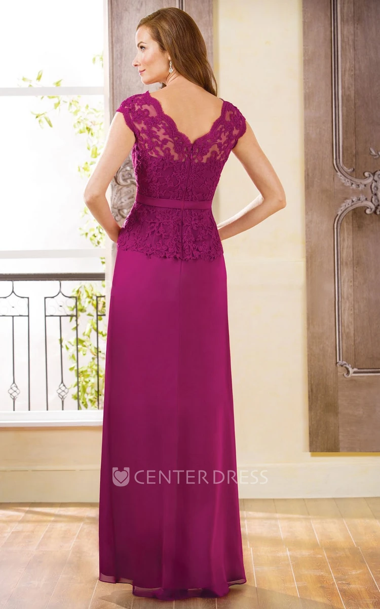Cap-Sleeved V-Neck Long Peplum Style Mother Of The Bride Dress With Lace
