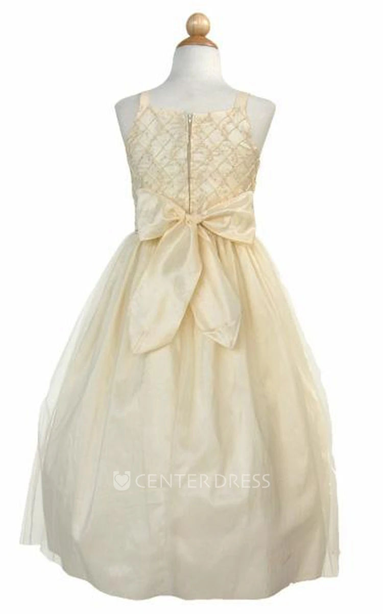 Tea-Length Sleeveless Embroideried Tulle&Taffeta Flower Girl Dress
