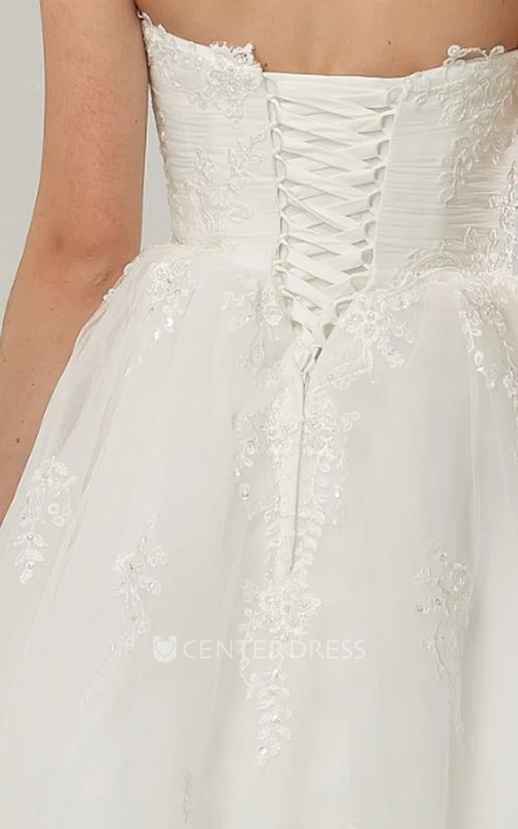 A-Line Tea-Length Criss-Cross Strapless Tulle Wedding Dress With Appliques And Corset Back