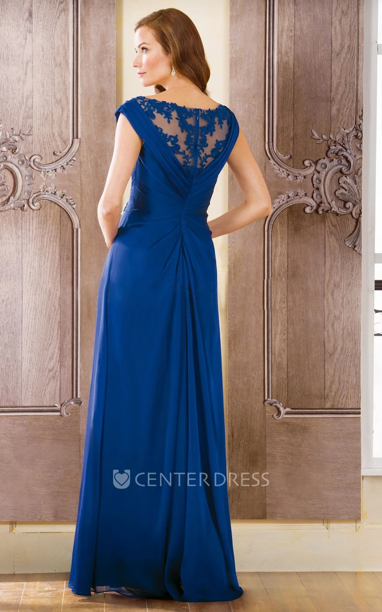 Cap-Sleeved Scoop-Neck Long Mother Of The Bride Dress With Beadings And Illusion Back