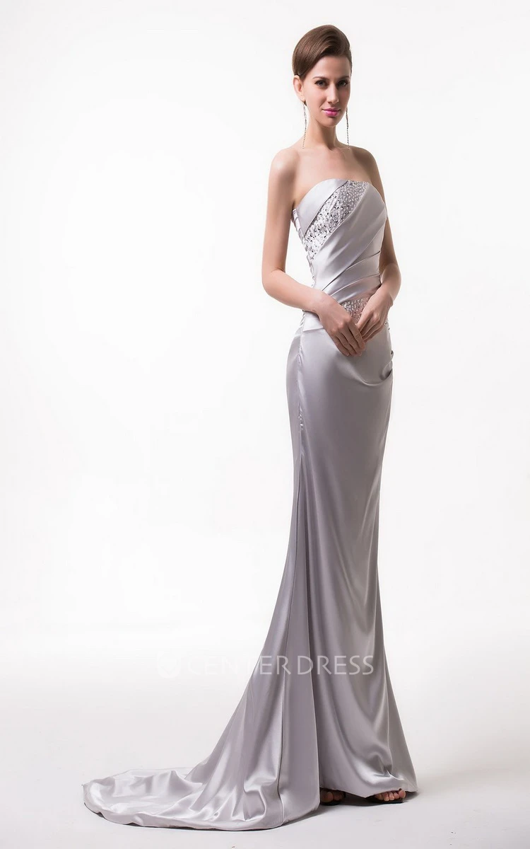 Strapless Satin Gown With Asymmetrical Ruching and Beading