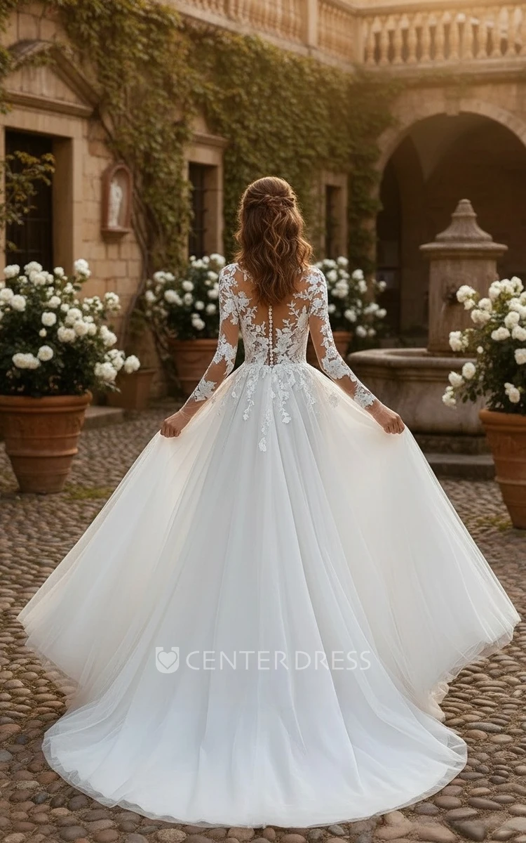 A Line Lace Floral Wedding Dress Illusion Long Sleeve Tulle Bridal Gown for Formal Ceremony
