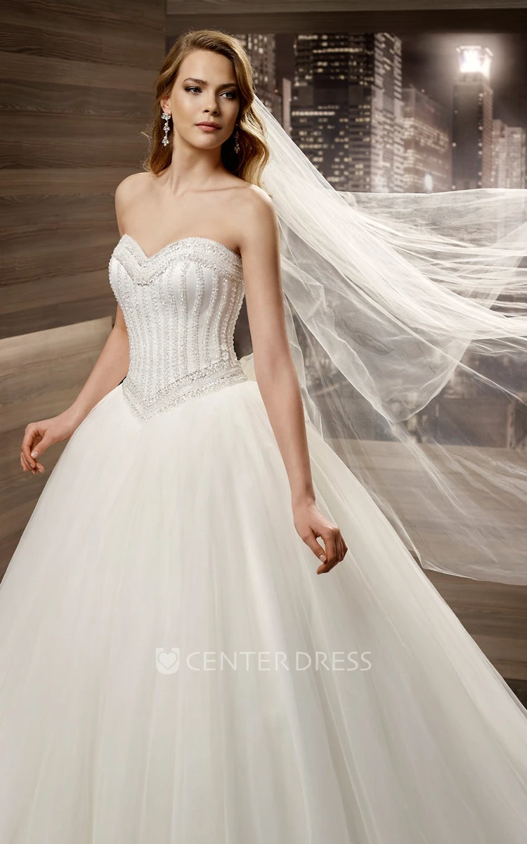 Sweetheart Back-Bow Puffy A-Line Bridal Gown With Beaded Bodice And Lace-Up Back