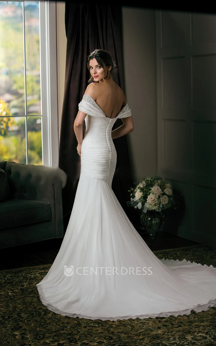 Off-The-Shoulder Trumpet Wedding Dress With Ruches And Crystals