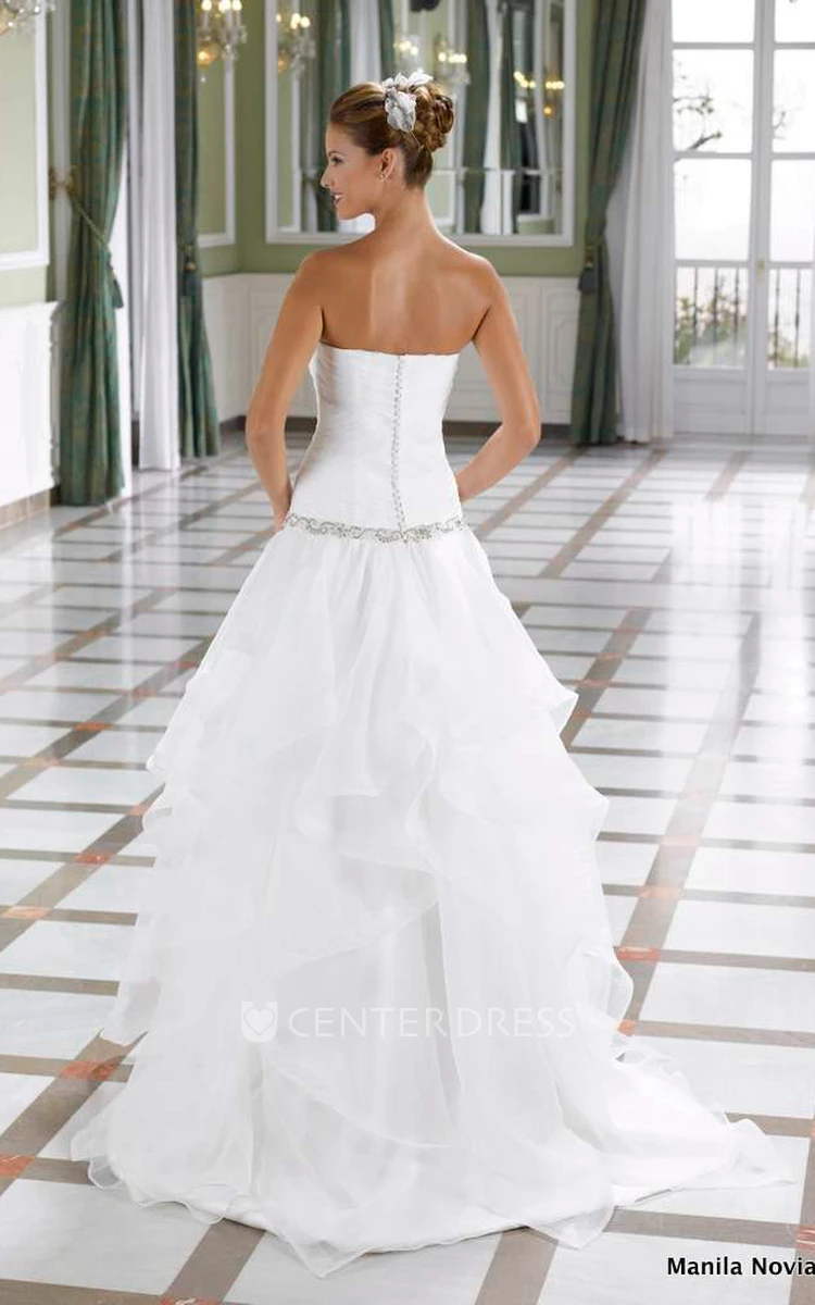 A-Line Sleeveless Strapless Long Cascading-Ruffle Organza Wedding Dress With Waist Jewellery And Ruching