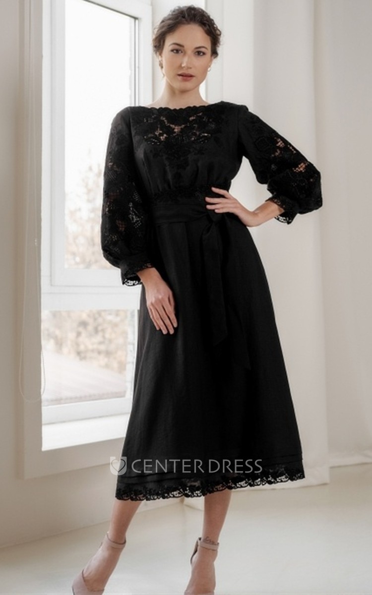 Tea-length Vintage A Line Lace Bateau Cocktail Dress with Sash