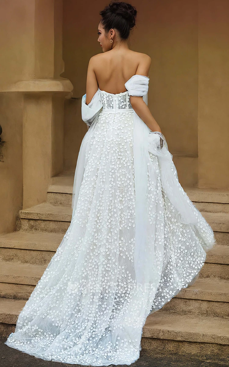 Sexy Floral Beach A-Line Off-the-Shoulder Boho Lace Wedding Dress with Sweep Train and Appliques