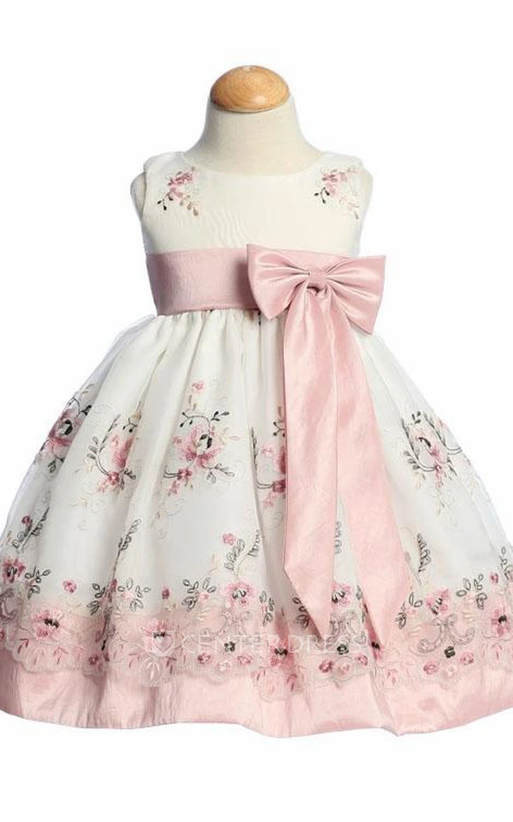 Split Tea-Length Bowed Organza&Taffeta Flower Girl Dress With Embroidery