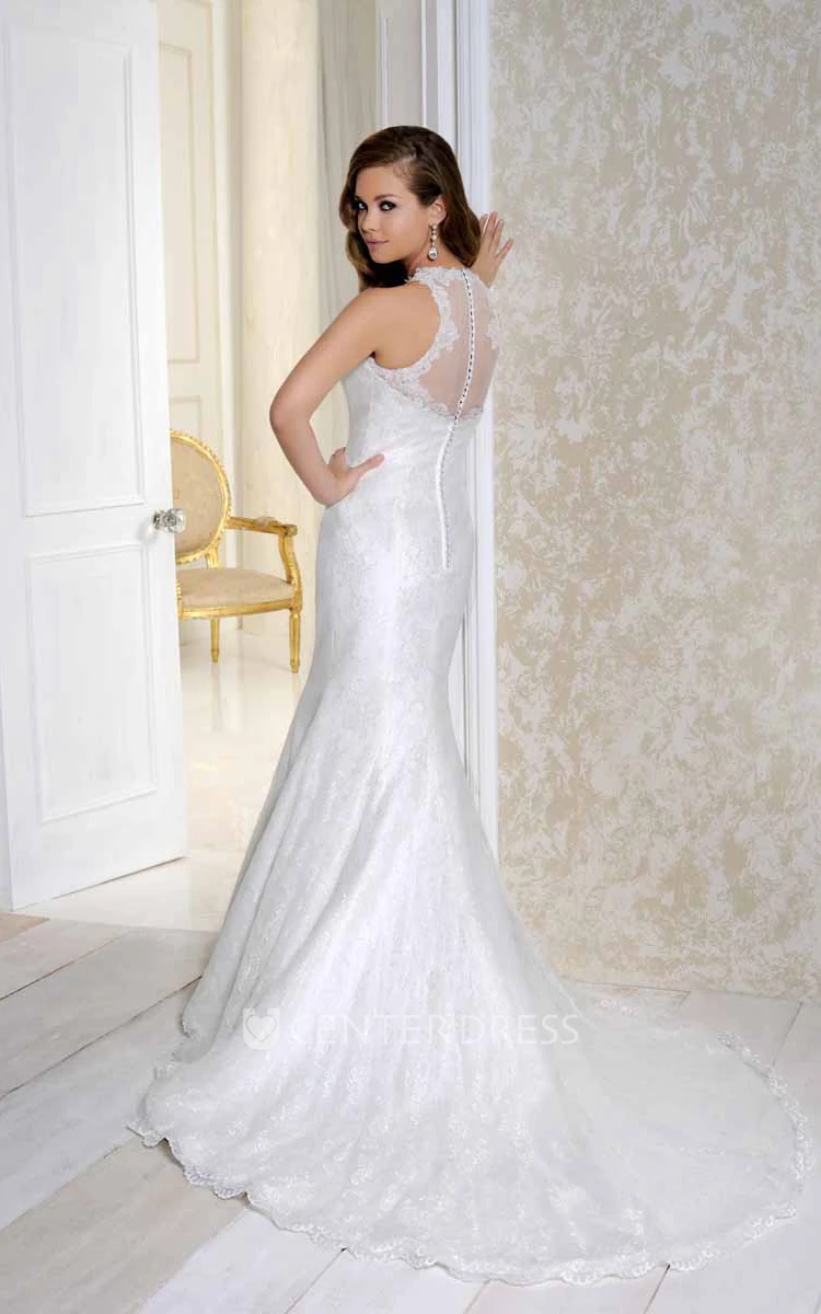 Floor-Length High Neck Appliqued Satin Wedding Dress With Court Train And Illusion