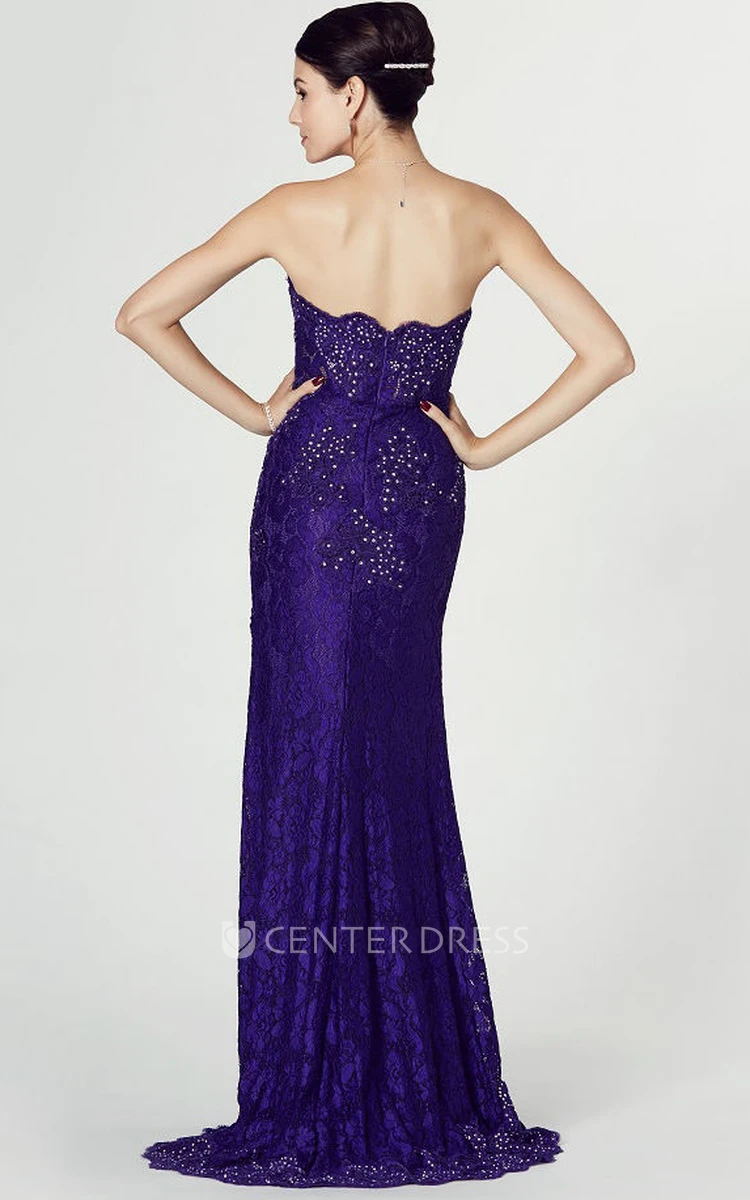 Strapless Beaded Lace Prom Dress With Appliques And Split Front