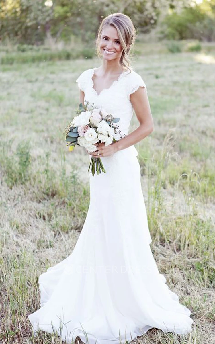 Cap Sleeve V-neck Sheath Chiffon Country Wedding Dress With Lace Bodice and Sash