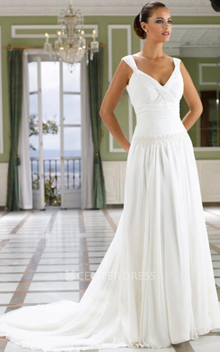 A-Line V-Neck Floor-Length Ruched Sleeveless Chiffon Wedding Dress With Pleats And Deep-V Back