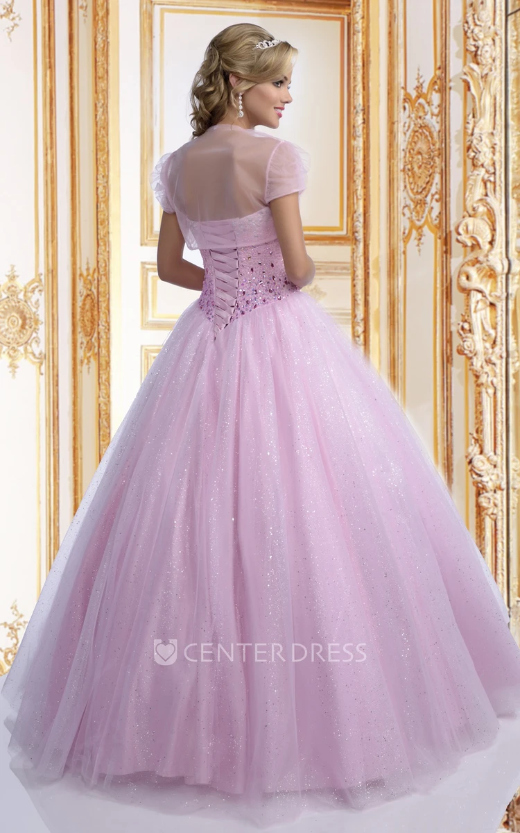 Lace-Up Back Sequined Tulle Quinceanera Dress With Beaded Corset