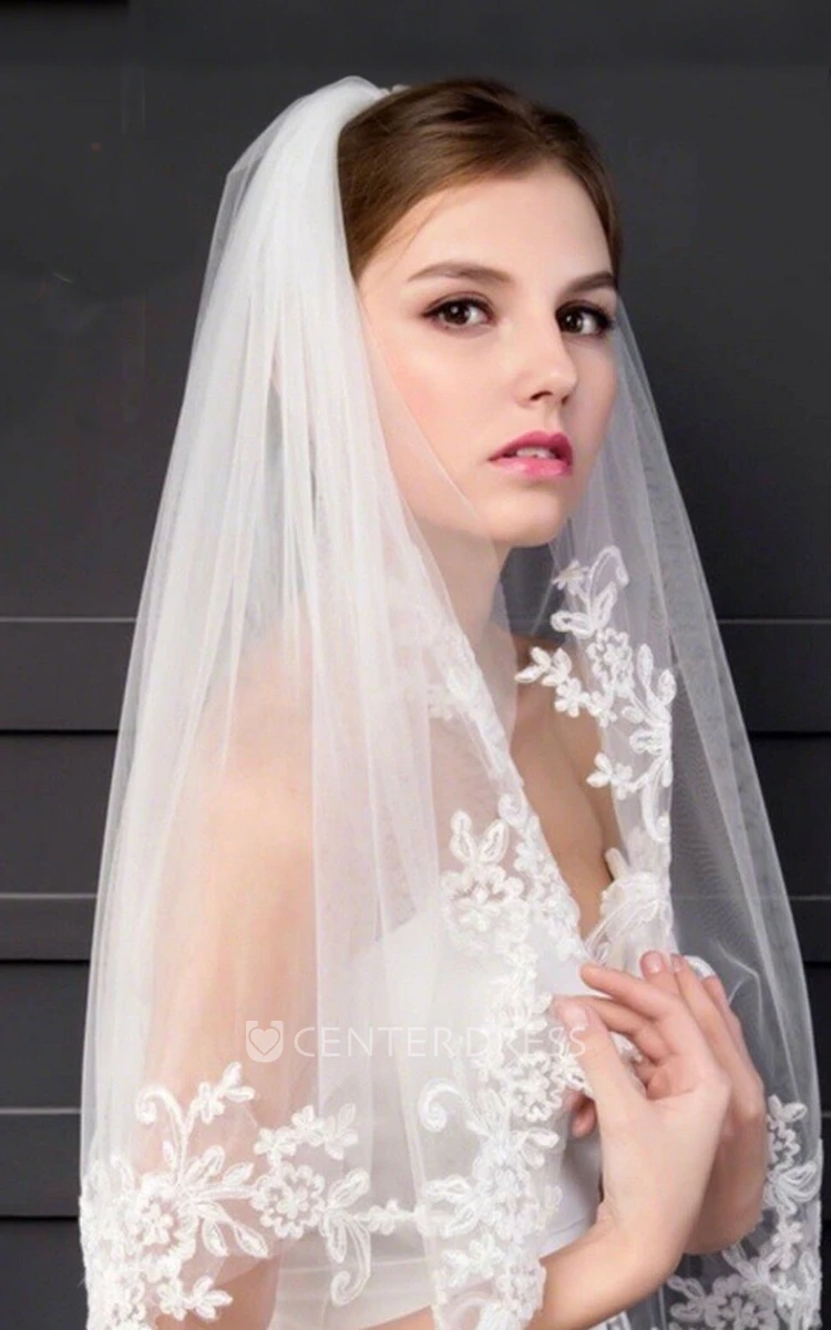 Bohemian Floral Two-Tier Lace Tulle Fingertip Length Waterfall Short Veil for Wedding