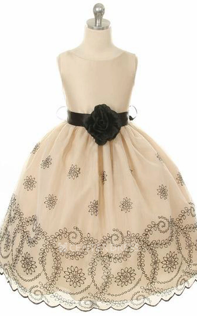 Embroideried Floral Beaded Organza Flower Girl Dress With Sash