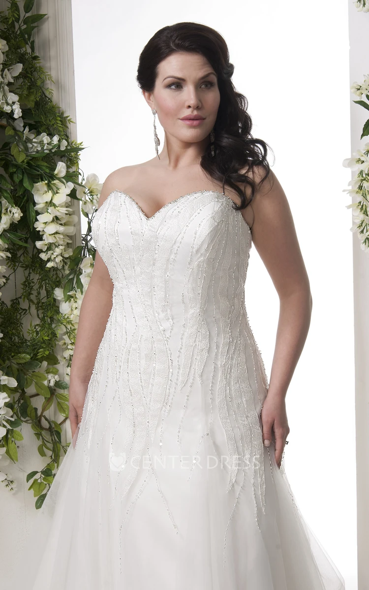 A-Line Sweetheart Long Tulle Plus Size Wedding Dress With Beading And Corset Back