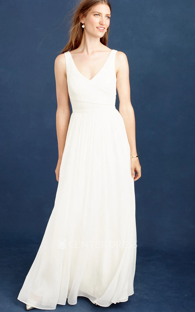 Sheath V-Neck Floor-Length Pleated Sleeveless Wedding Dress