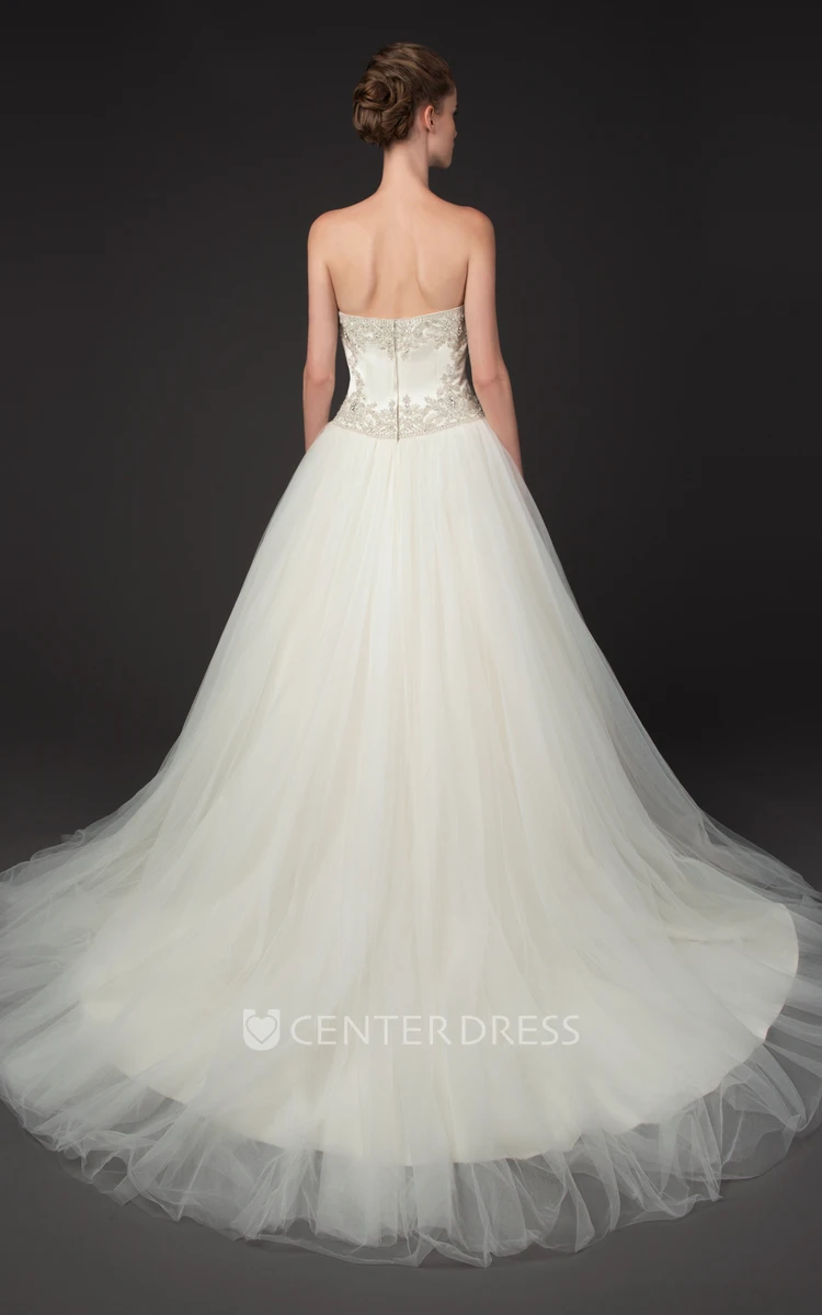 A-Line Strapless Beaded Tulle Wedding Dress With Chapel Train