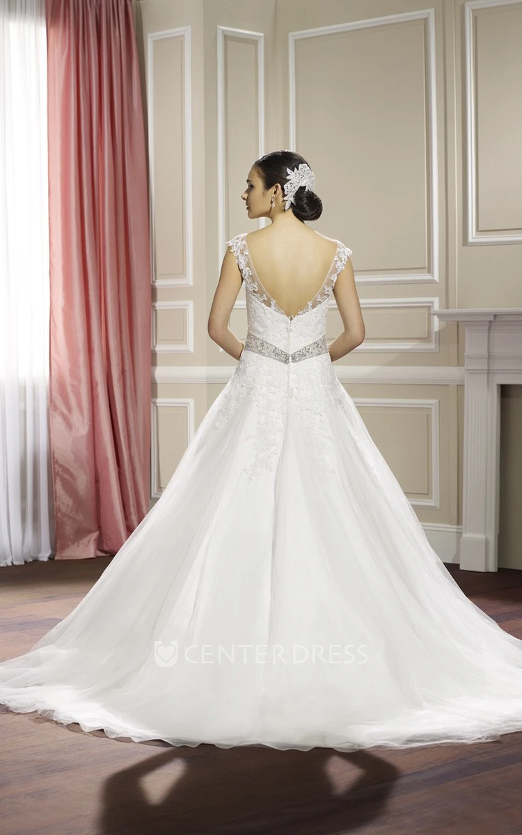 A-Line Cap-Sleeve Floor-Length Scoop Appliqued Lace&Satin Wedding Dress With Waist Jewellery And Low-V Back