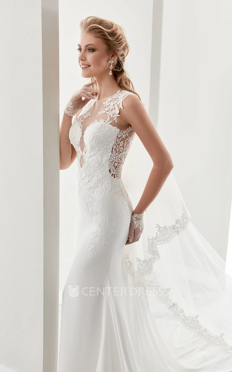 Cap Sleeve Sheath Lace Gown With Illusion Details And Court Train